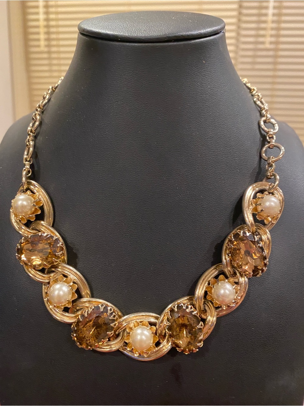 Gold-Tone Pearl and Amber Crystal Statement Necklace